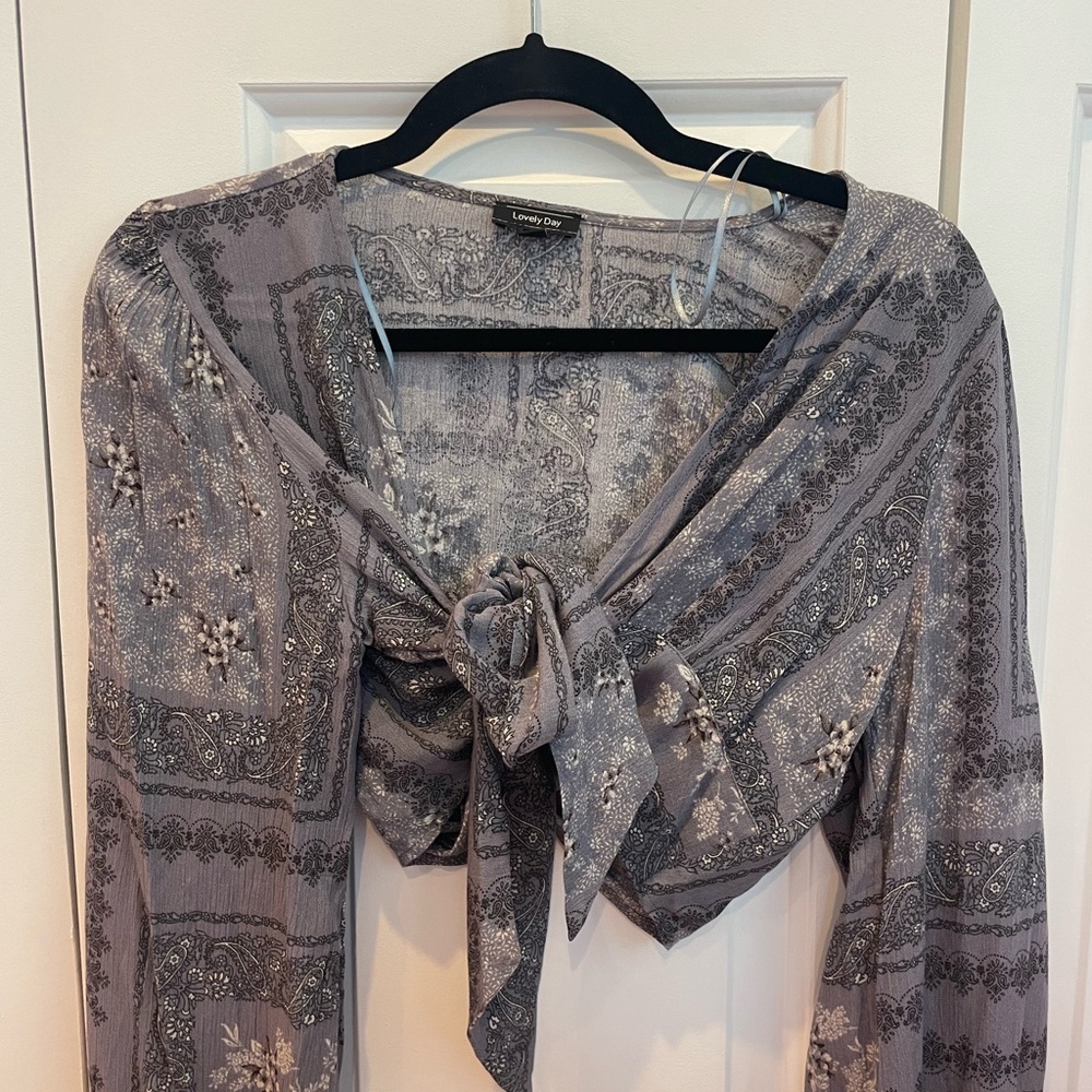 Lovely Day Black and Gray / Purple Tie Front Crop Blouse